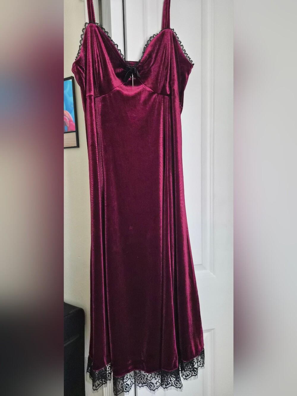 Velvet Midi Slip Dress in Wine Red with Lace Trim